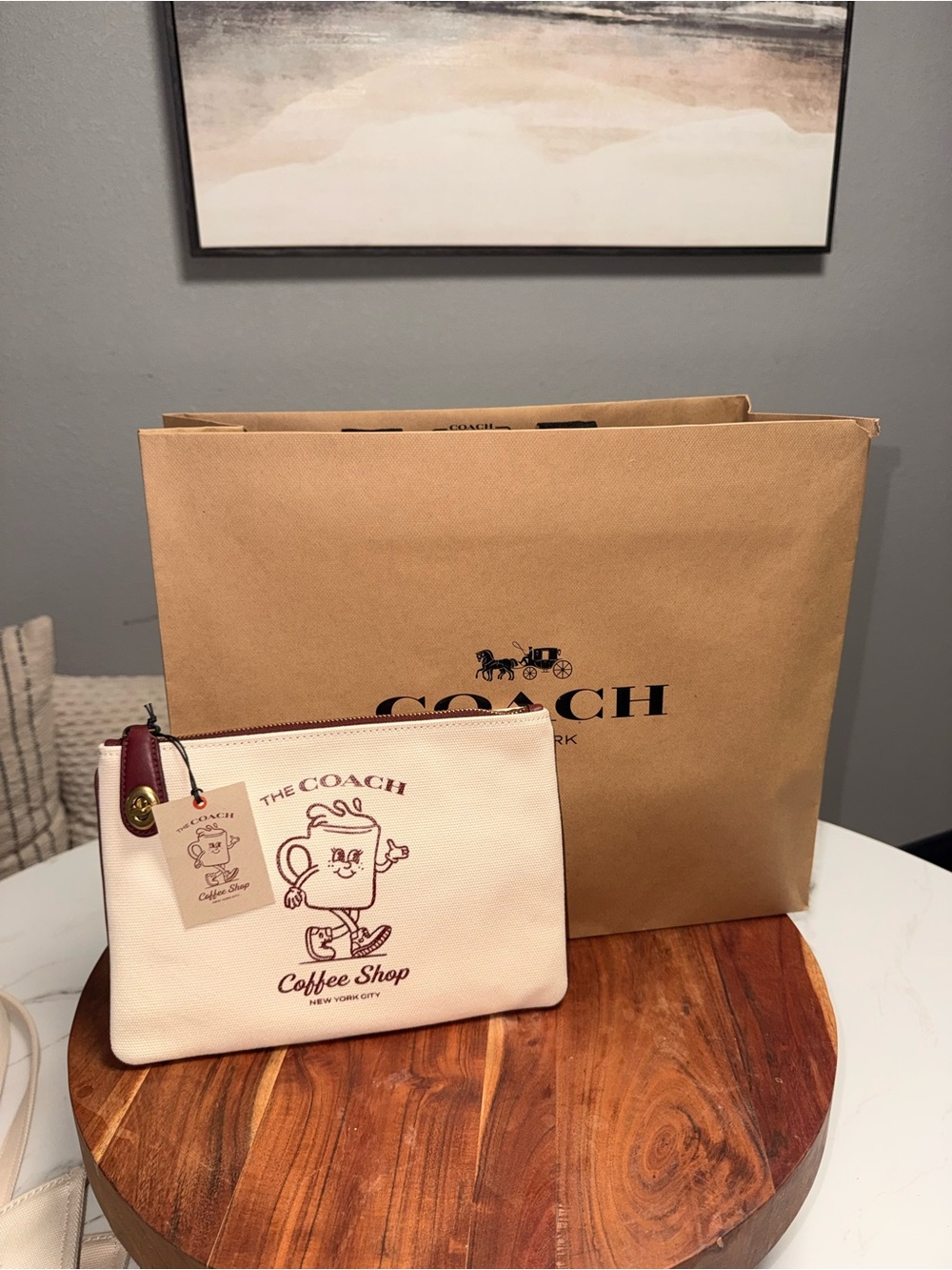 Coach Bags Coffee Shop Beige Pouch with Maroon Trim